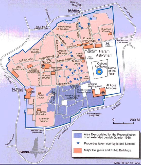 Actual plan of Jerusalem Old City with major religious buildings. Map blank 